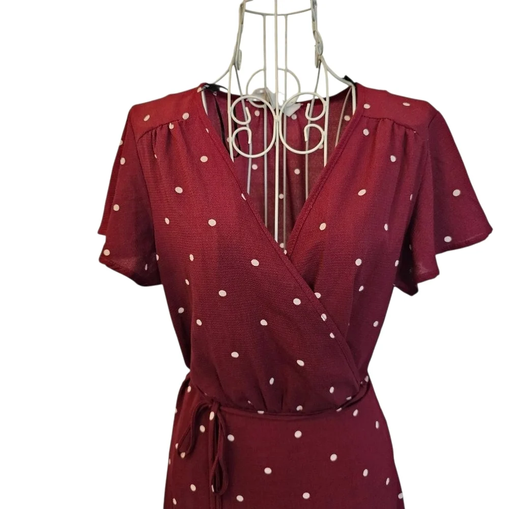 Elegant Burgundy Polka Dot Wrap Dress - Picture 2 of 4